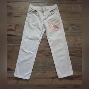 Free People Pink Button Fly Jeans with Bird Patch